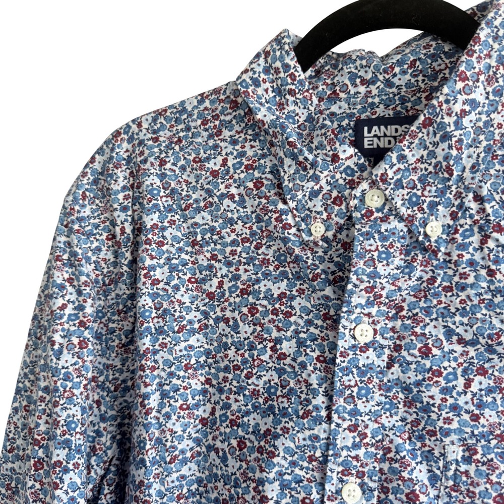 Lands End Shirt Micro Floral Long Sleeve Button Down Cotton Traditional Fit XL